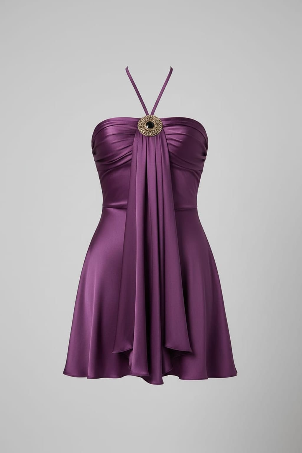 Deep purple satin halter skater mini dress for homecoming