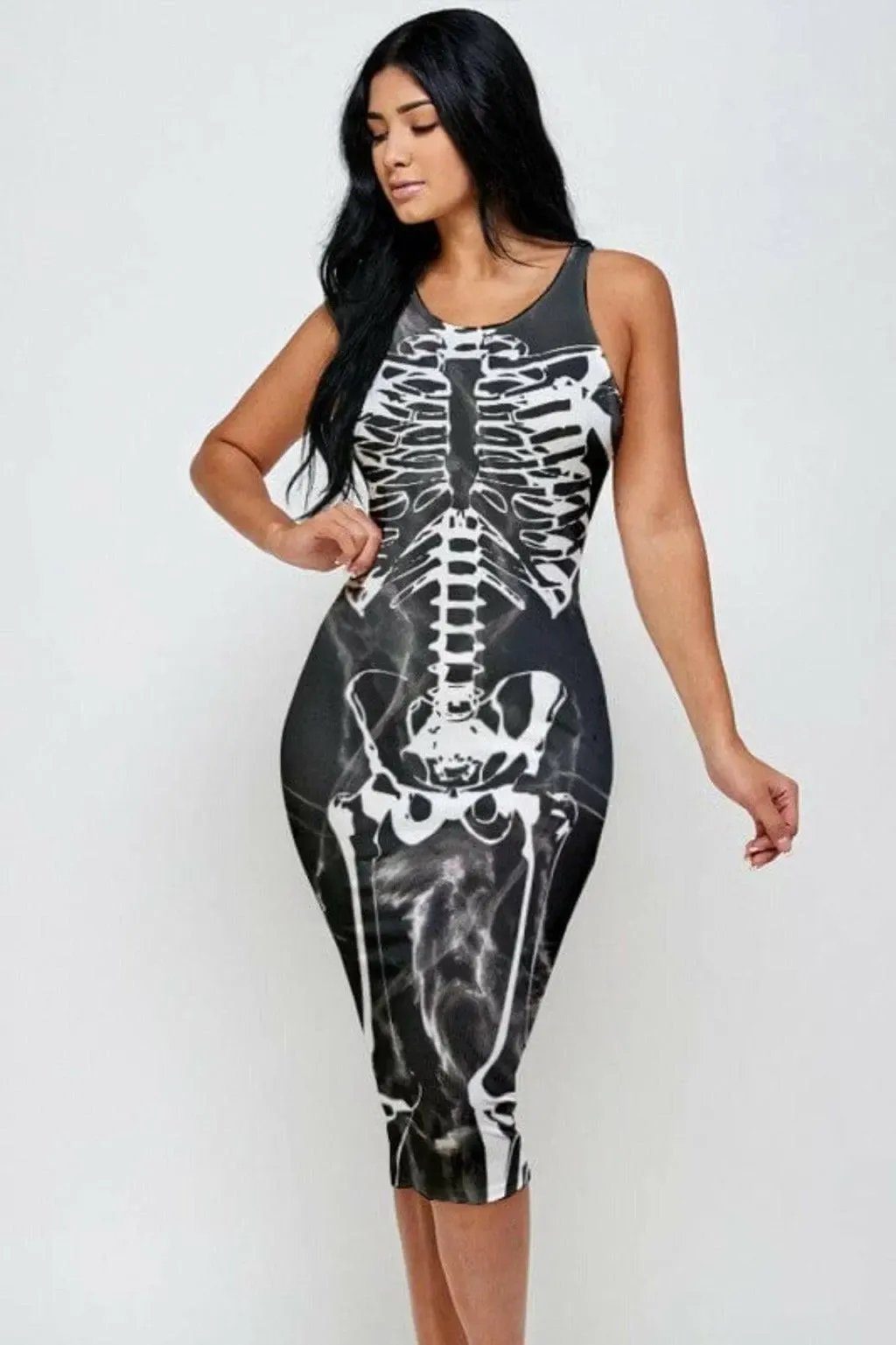 Women's skeleton print midi dress, an easy adult Halloween dress