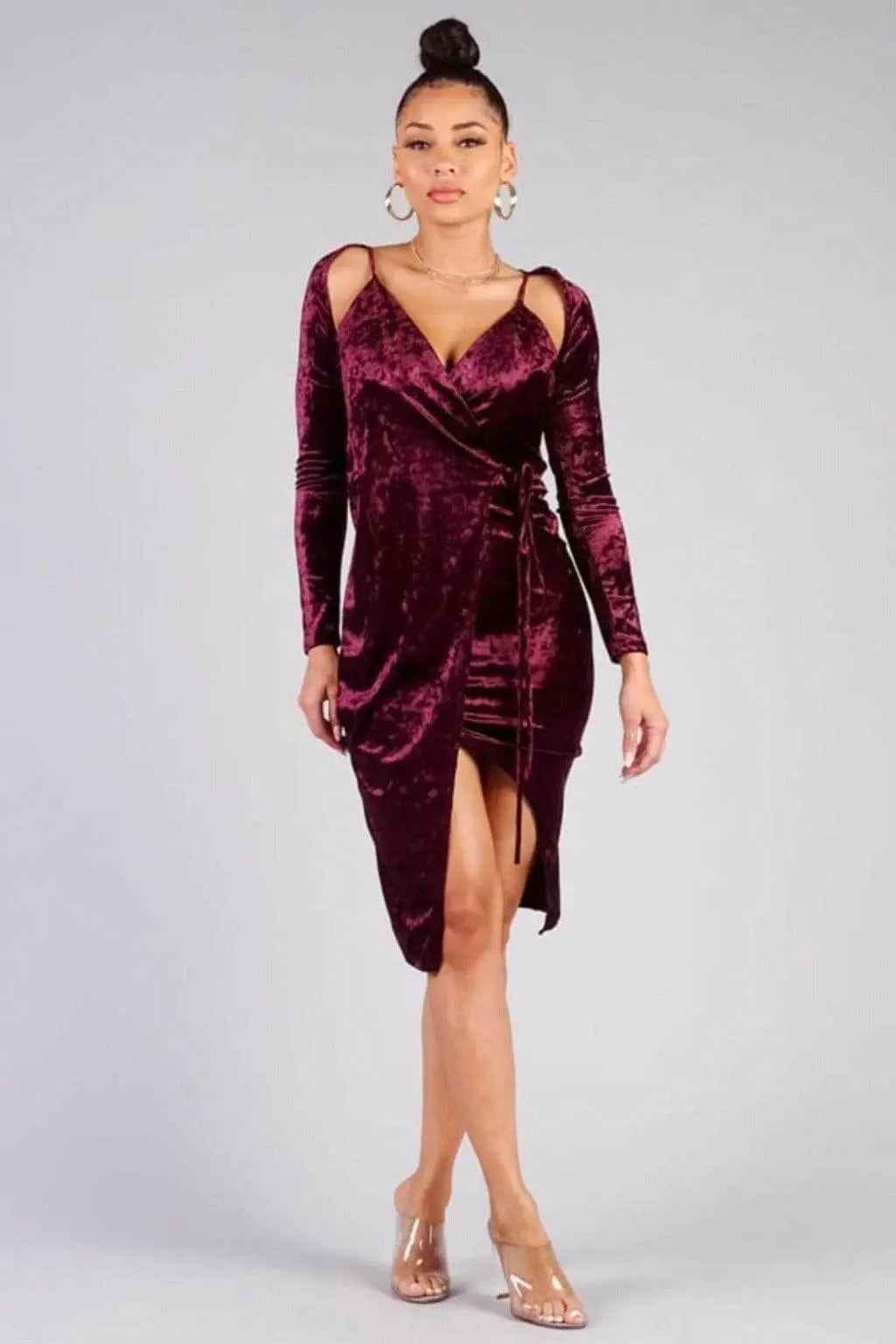 Burgundy velvet wrap midi fall wedding guest dress