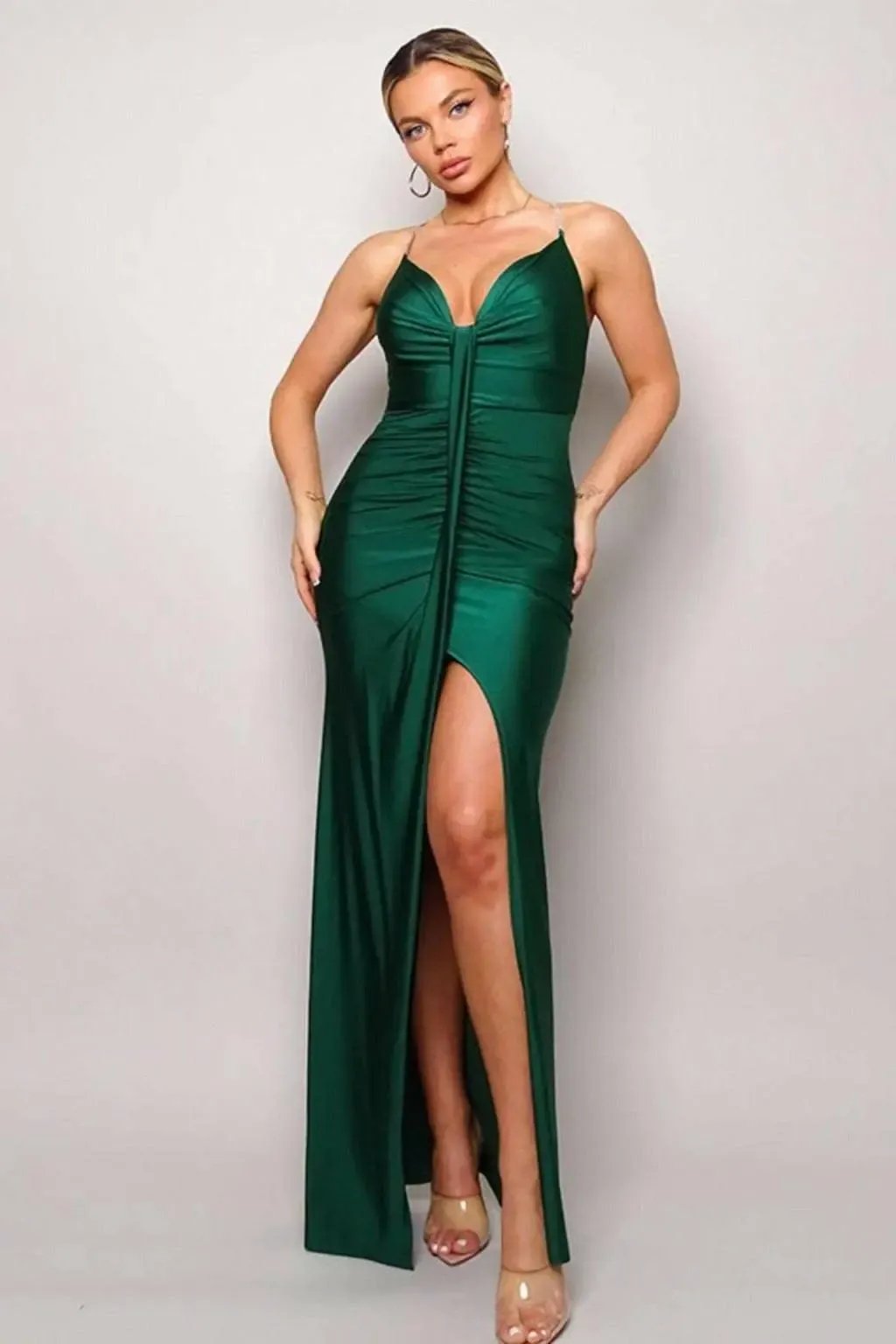 Green satin maxi dress for an evening Nutcracker performance
