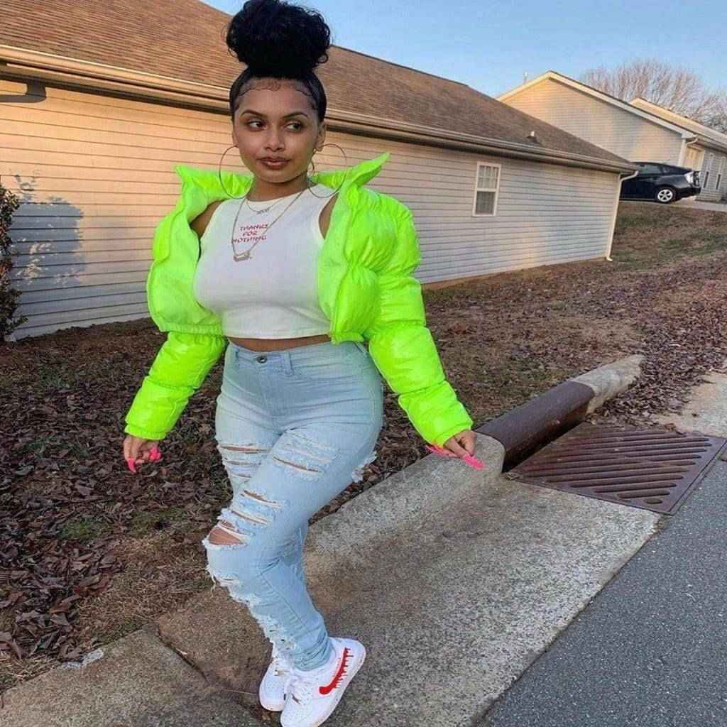 Green glossy puffer jacket outfit idea
