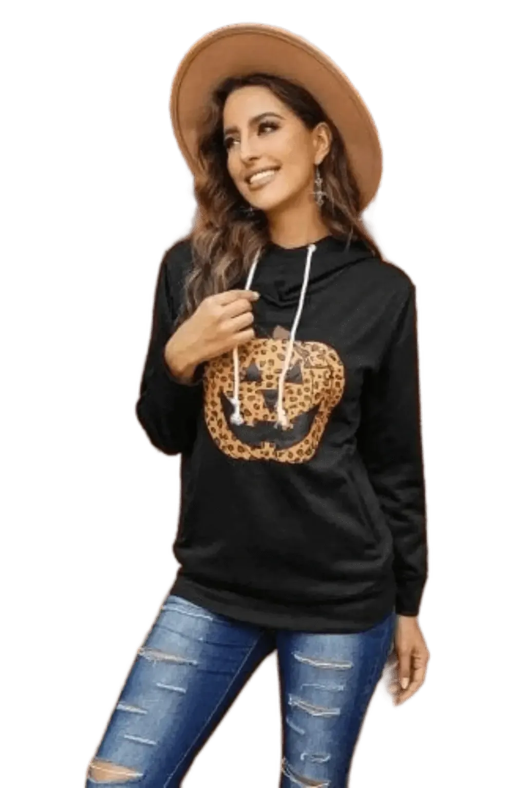 Women's cowl pumpkin black hoodie - Halloween party outfit without a costume