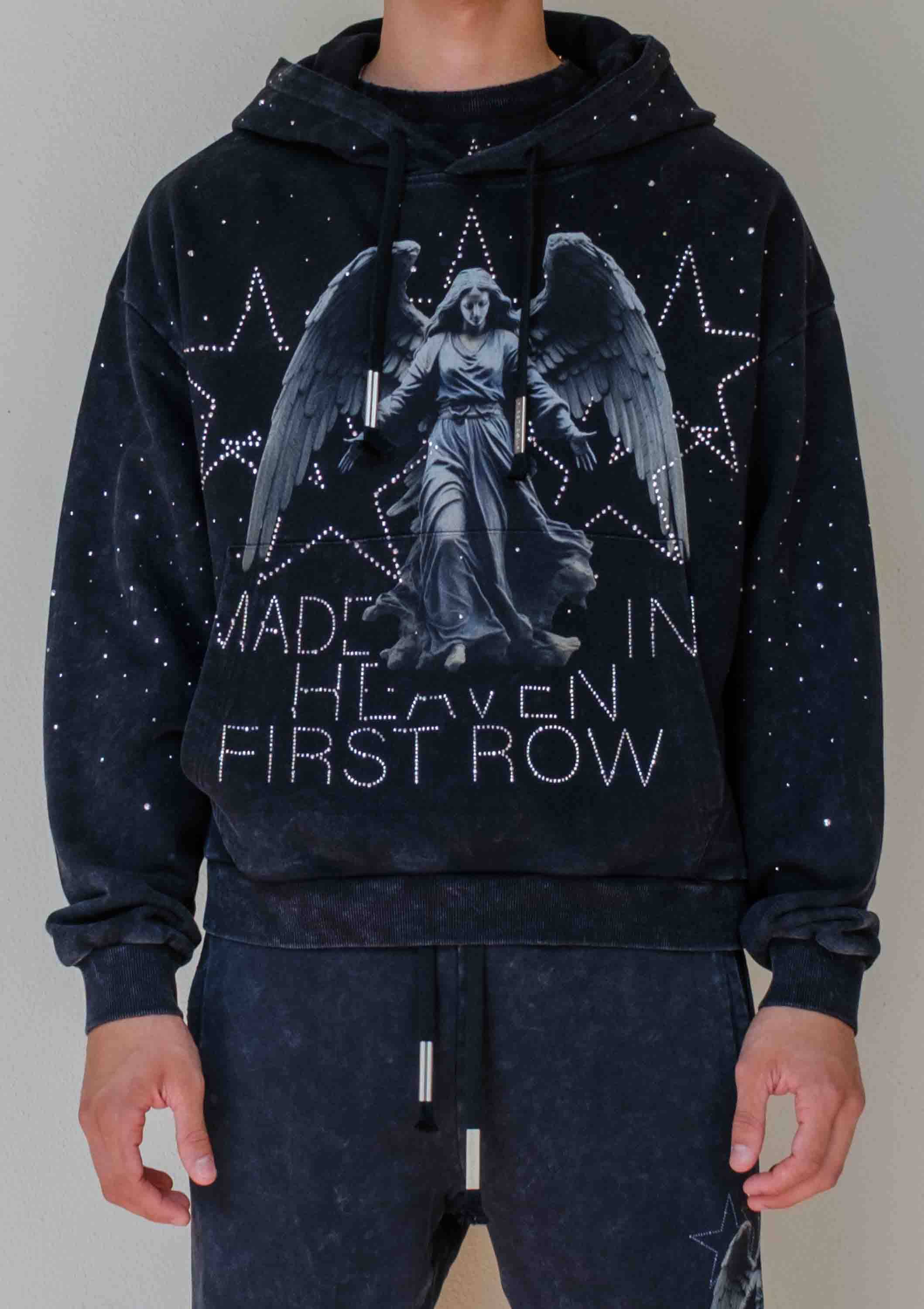 Black rhinestone studded washed graphic bling hoodie