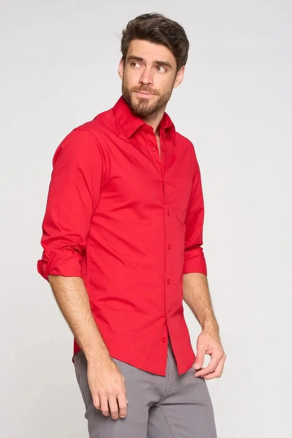 Men's red long-sleeve shirt for a holiday party