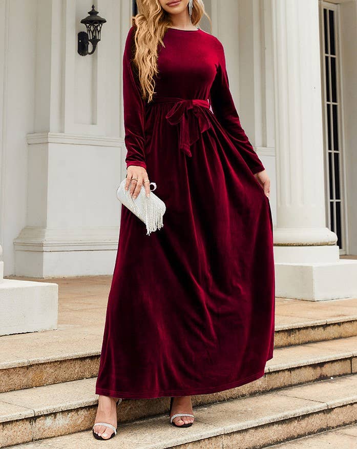 Red velvet long sleeve maxi dress, one of the best winter dresses for women