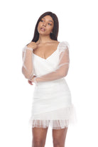 Women's white sheer mesh long sleeve ruched mini dress