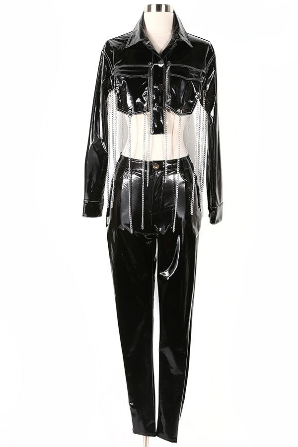 Women's Patent Faux Leather Strapless Top & Pants Set
