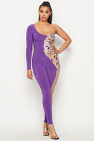 Women's One Shoulder Long Sleeve Embellished Mesh Jumpsuit