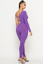 Women's One Shoulder Long Sleeve Embellished Mesh Jumpsuit - photo 2