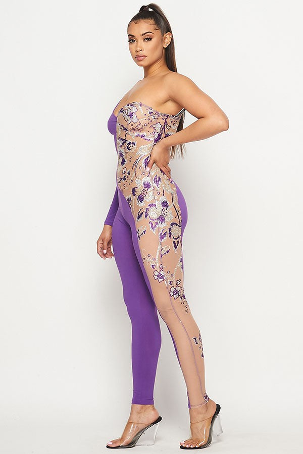 Women's One Shoulder Long Sleeve Embellished Mesh Jumpsuit - photo 3