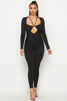 Women's Long Sleeve Keyhole Halter Fitted Jumpsuit