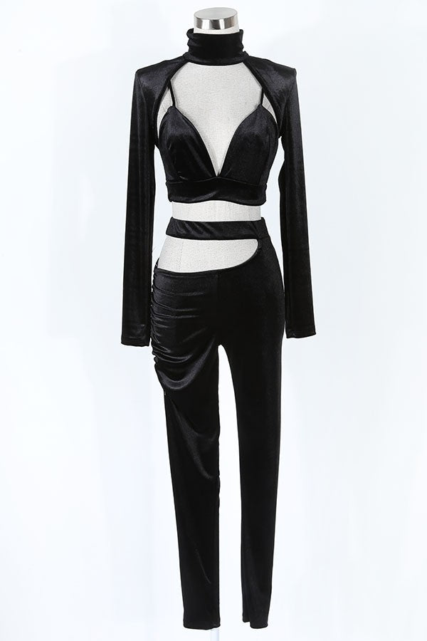 Women's Velvet Mock Neck Cutout Crop Top & Pants Set
