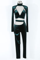 Women's Velvet Mock Neck Cutout Crop Top & Pants Set