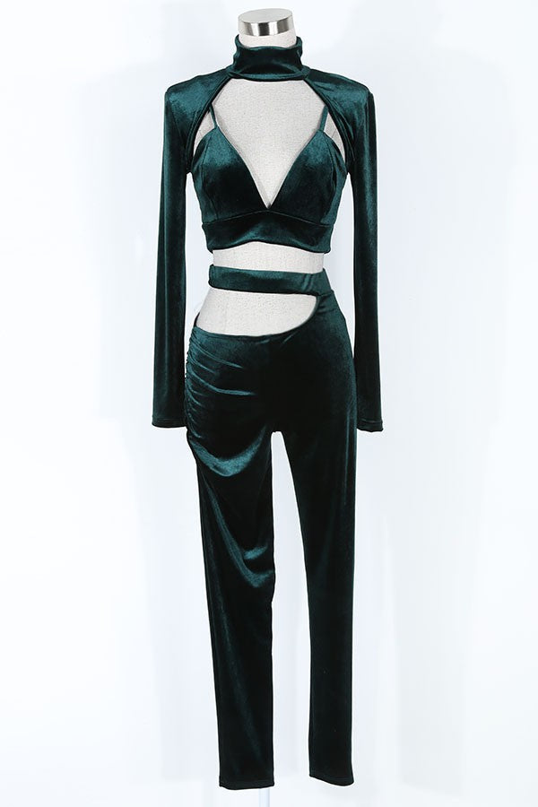 Women's Velvet Mock Neck Cutout Crop Top & Pants Set