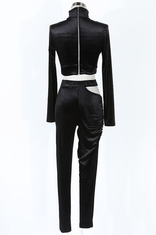 Women's Velvet Mock Neck Cutout Crop Top & Pants Set - photo 3