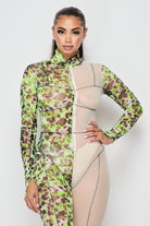 Women's Printed Mesh Panel Mock Neck Long Sleeve Jumpsuit - photo 2