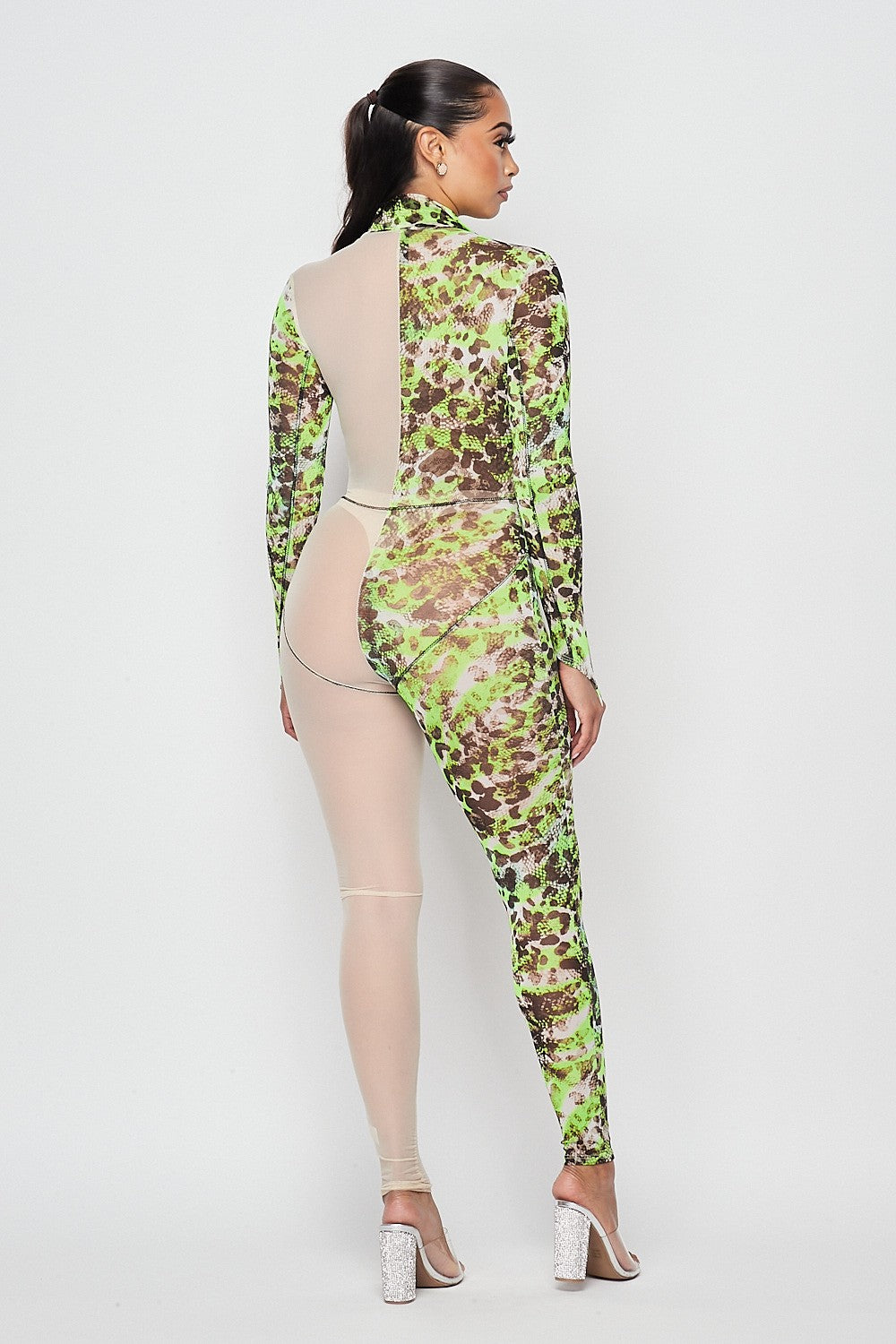 Women's Printed Mesh Panel Mock Neck Long Sleeve Jumpsuit - photo 4