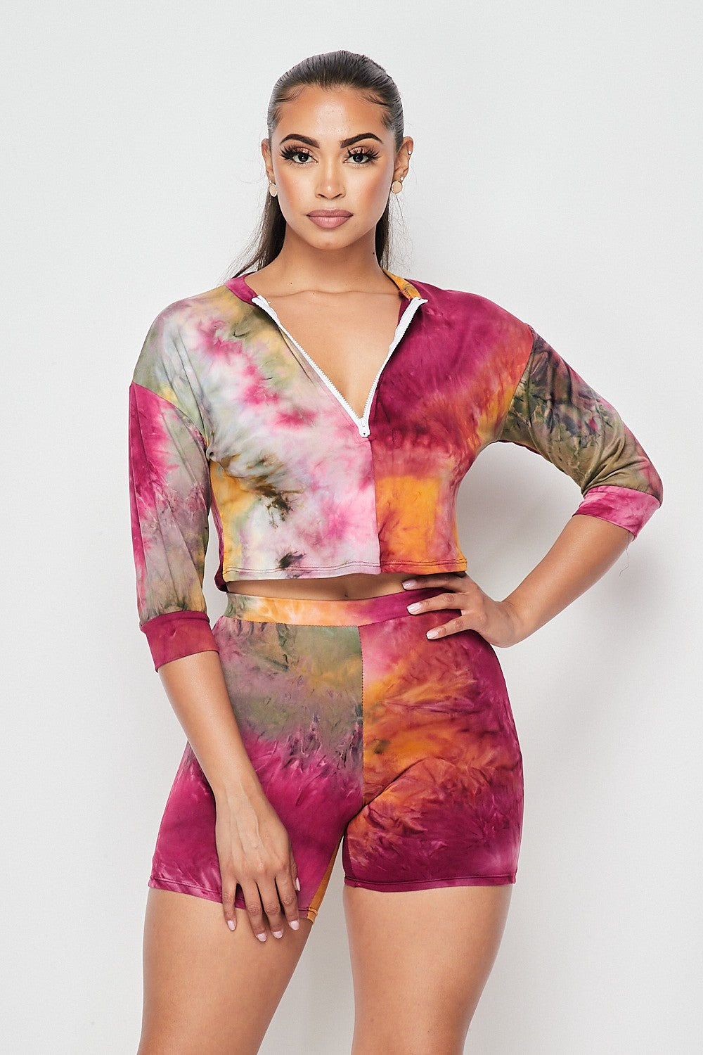 Women's Tie-Dye Print Long Sleeve Top & Shorts Set
