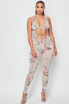 Women's Printed Sheer Mesh Bra Top & Leggings Set