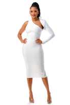Women's white one-sleeve asymmetric bandage midi dress