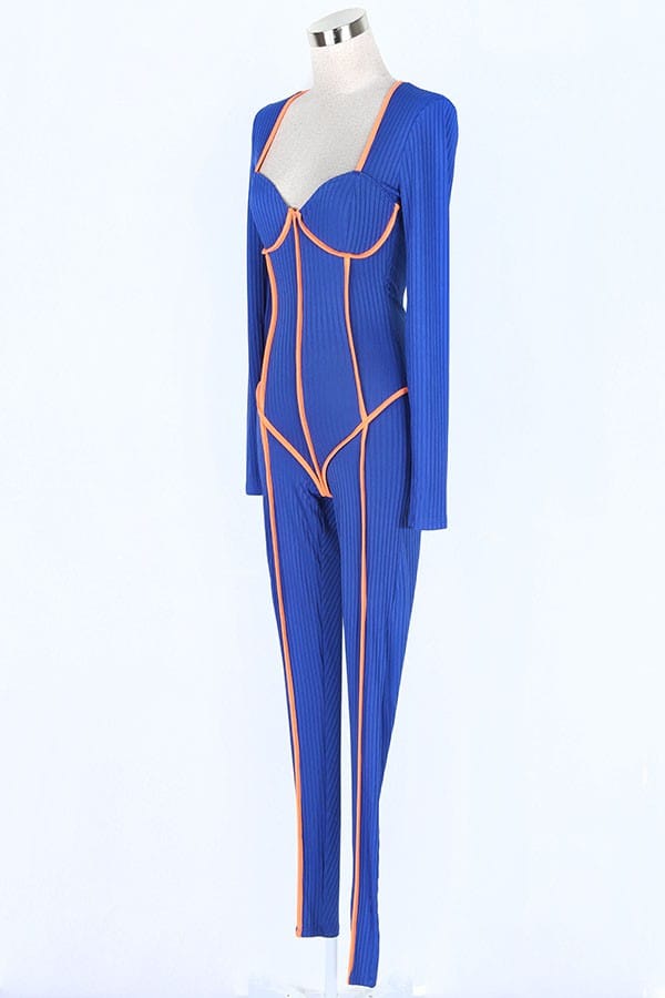 Women's Contrast Piping Long Sleeve Plunge Jumpsuit - photo 2