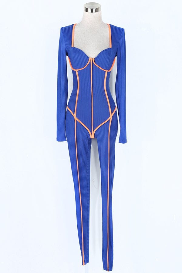 Women's Contrast Piping Long Sleeve Plunge Jumpsuit