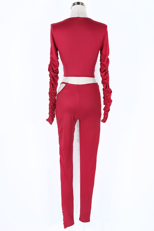 Women's burgundy long sleeve crop top and leggings activewear set - photo 4