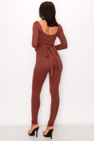 Women's Chocolate Front Shirring Back Tie Skinny Jumpsuit – detail view