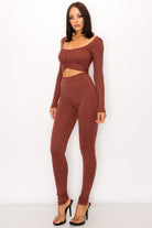 Women's Chocolate Front Shirring Back Tie Skinny Jumpsuit – side view