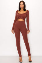 Women's Chocolate Front Shirring Back Tie Skinny Jumpsuit – front view