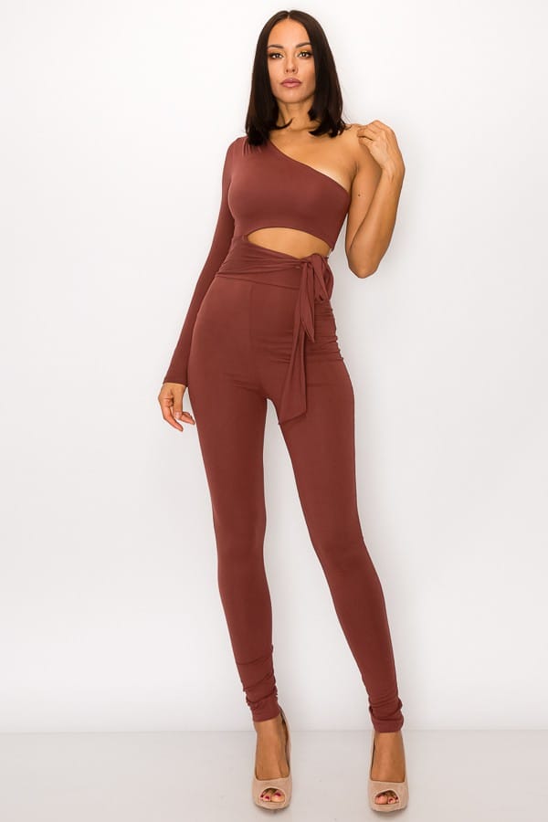 Women's Rust Sculpted Allure Long Sleeve One Shoulder Jumpsuit – back view