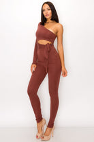 Women's Rust Sculpted Allure Long Sleeve One Shoulder Jumpsuit – front view