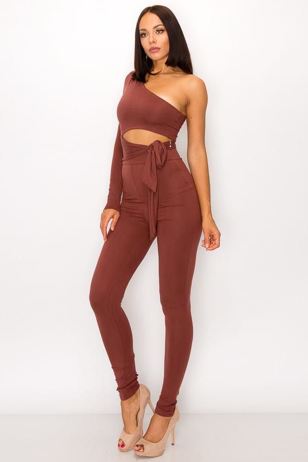 Women's Rust Sculpted Allure Long Sleeve One Shoulder Jumpsuit – front view