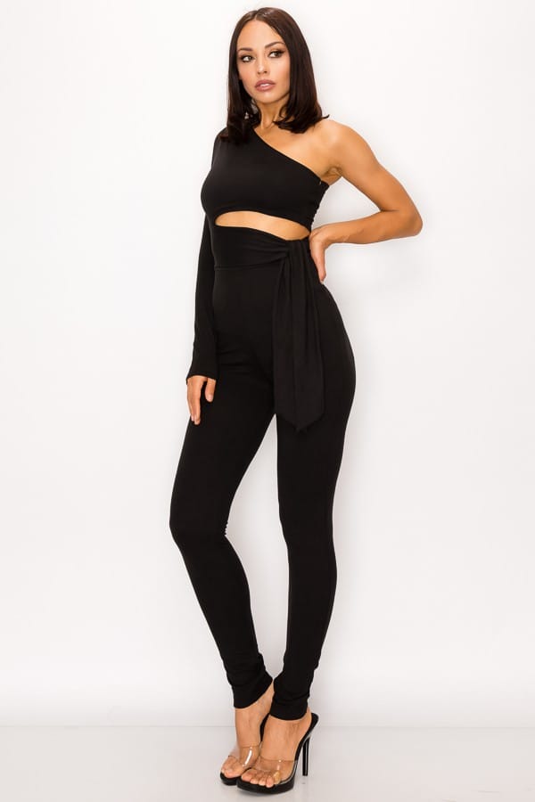 Women's Rust Sculpted Allure Long Sleeve One Shoulder Jumpsuit – detail view