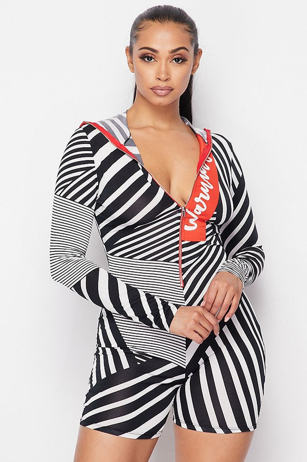 Women's Striped Hooded Long Sleeve Romper