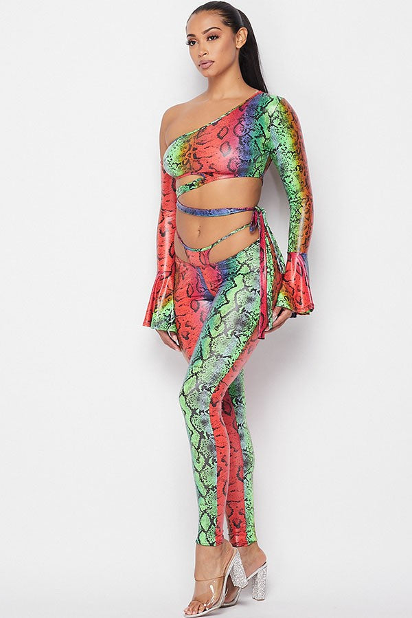 Women's Snake Print Long Sleeve Crop Top & Leggings Activewear Set - photo 3
