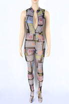 Women's Printed Mesh Zip Front Sleeveless Jumpsuit