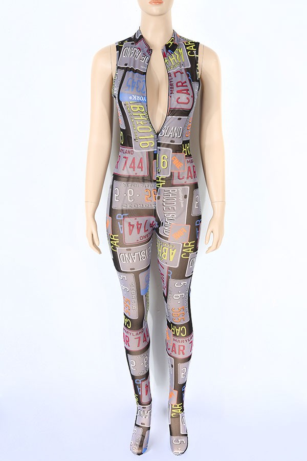 Women's Printed Mesh Zip Front Sleeveless Jumpsuit