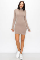 Women's Mocha Mock Neck Double Layered L/S Mini Dress – back view