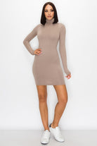 Women's Mocha Mock Neck Double Layered L/S Mini Dress – front view
