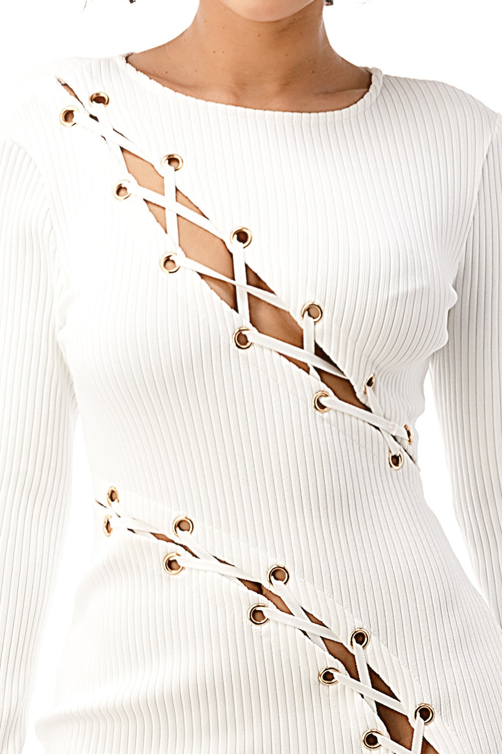 Women's white lace-up long sleeve bodycon midi dress with slit - photo 2