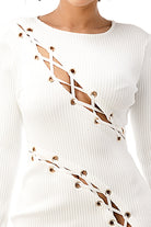 Women's white lace-up long sleeve bodycon midi dress with slit - photo 2