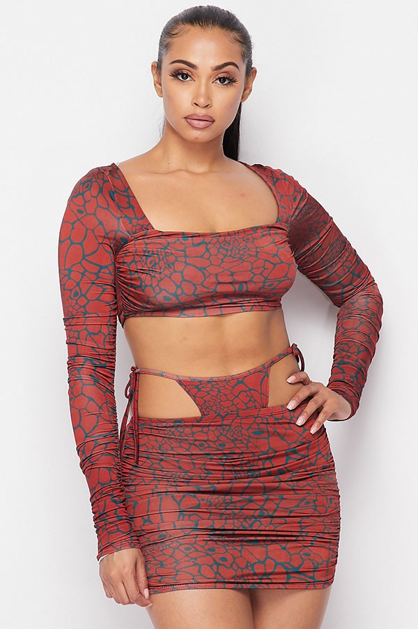 Women's Snake Print Square Neck Crop Top & Mini Skirt Set