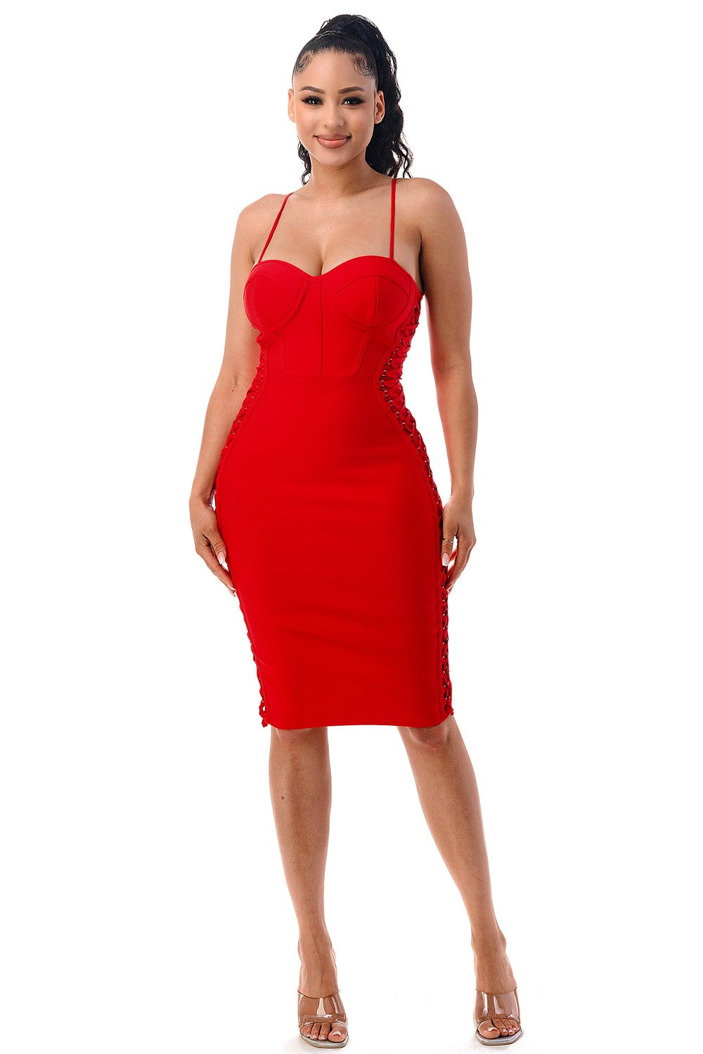 Women's red side lace-up sweetheart bandage midi dress