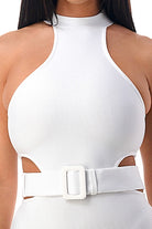 Women's white halter cut-out bandage midi dress with belt - detail