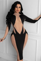 Women's black/nude plunge mesh panel long sleeve bodycon midi dress