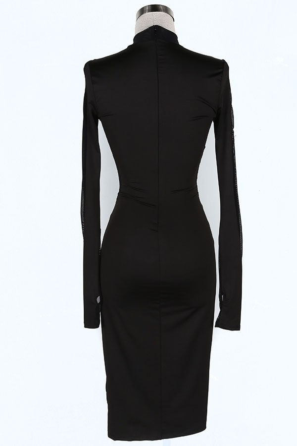 Women's black plunge mesh panel long sleeve bodycon midi dress - photo 4