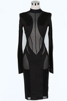 Women's black plunge mesh panel long sleeve bodycon midi dress