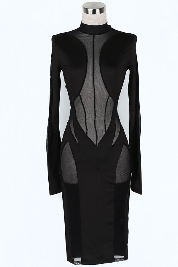 Women's black plunge mesh panel long sleeve bodycon midi dress