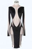Women's black/nude plunge mesh panel long sleeve bodycon midi dress - photo 2